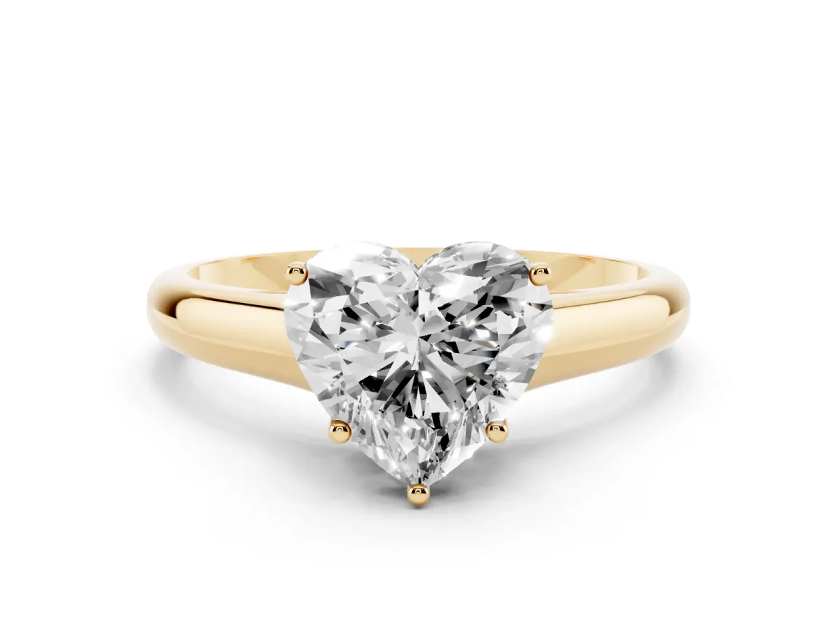 Heart Cut Cut Diamond Solitaire Engagement Ring with Tapered Plain Band and Four-Prong Setting Yellow gold