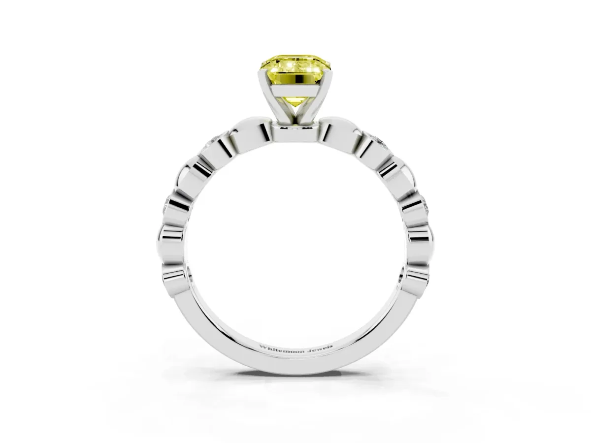 Fancy Yellow Emerald Cut Solitaire Bezel-Set Diamond Ring with Beaded Band and Four-Prong Setting Silver
