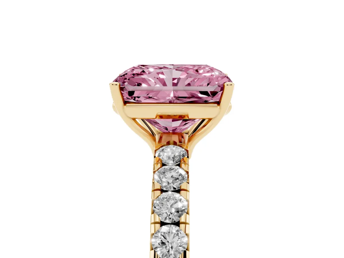 Fancy Pink Radiant Cut Diamond Pavé Solitaire Engagement Ring with Four-Prong Setting Yellow gold