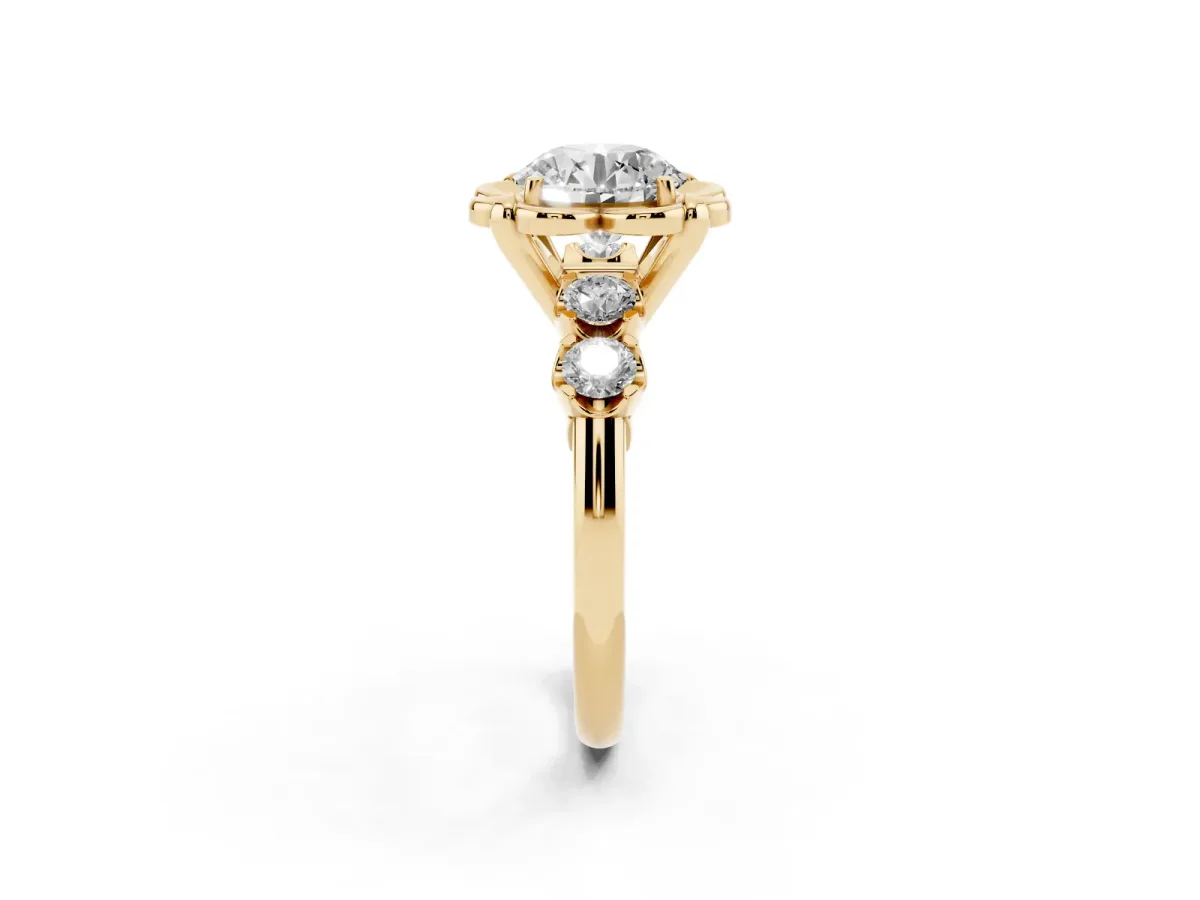 Round Cut Cut Diamond Floral Halo Engagement Ring with Shared Prong Setting Yellow gold