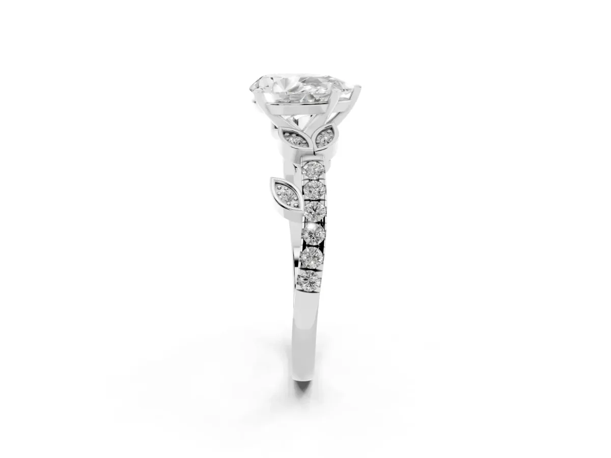 Pear Cut Solitaire Leaf-Inspired Diamond Ring with Pavé Band and Four-Prong Setting Silver