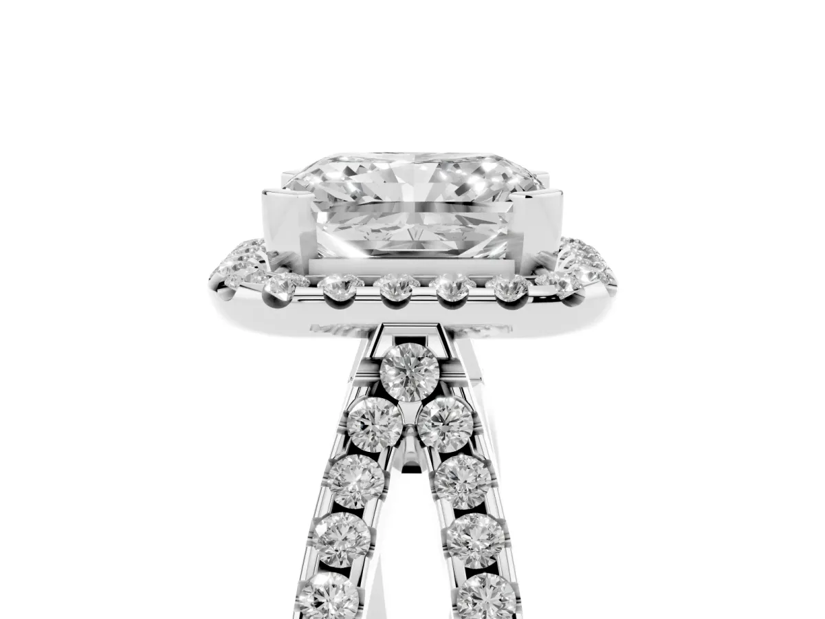 Radiant Cut Diamond Halo Ring with Split Shank Pavé Band and Prong Setting Silver