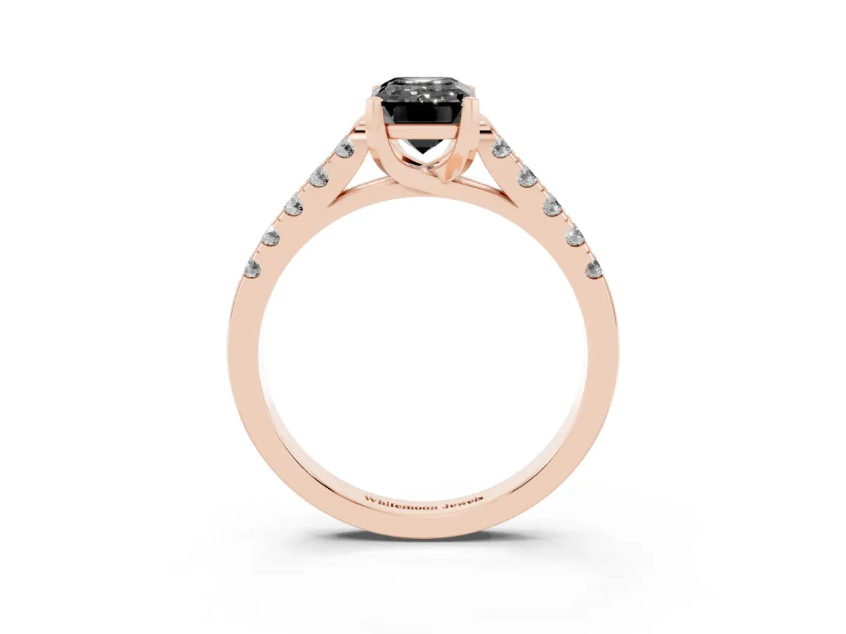 Fancy Black Emerald Cut Diamond Pavé Band Solitaire Ring with Prong Setting Rose gold