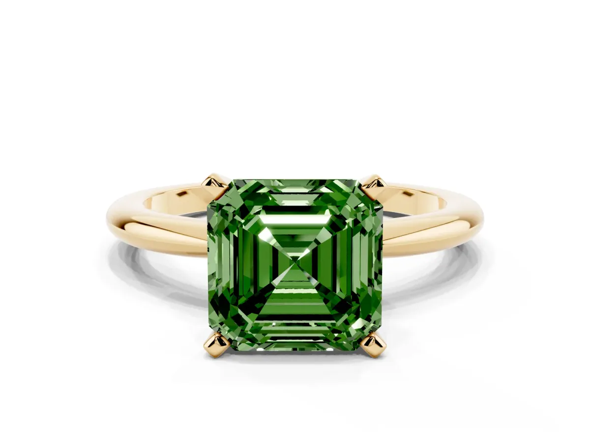 Fancy Green Asscher Cut Diamond Solitaire Ring with Prong Setting and Classic Band Yellow gold