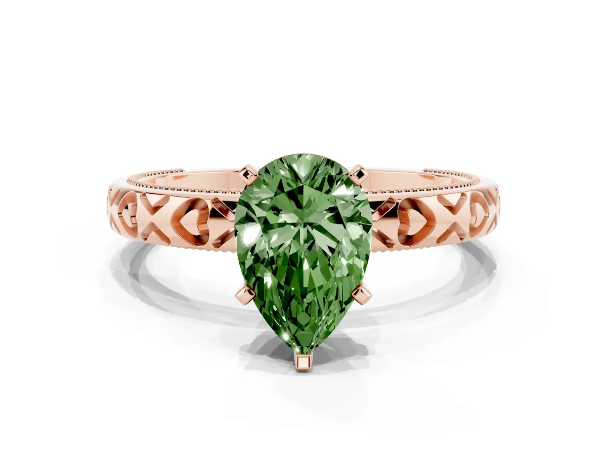 Fancy Green Pear Cut Solitaire Diamond Engagement Ring with XO Engraved Band and Four-Prong Setting Rose gold