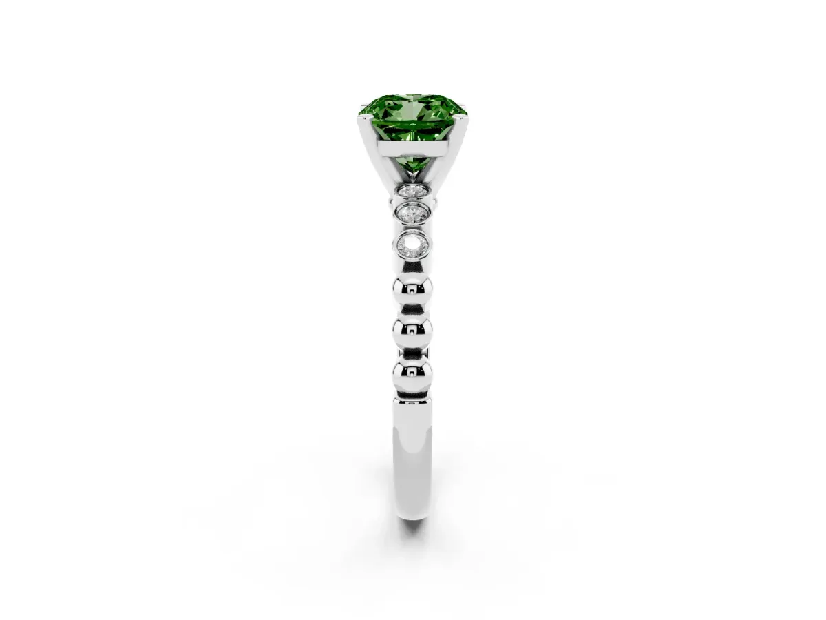 Fancy Green Cushion Cut Solitaire Bezel Accent Diamond Engagement Ring with Beaded Band and Four-Prong Setting Silver