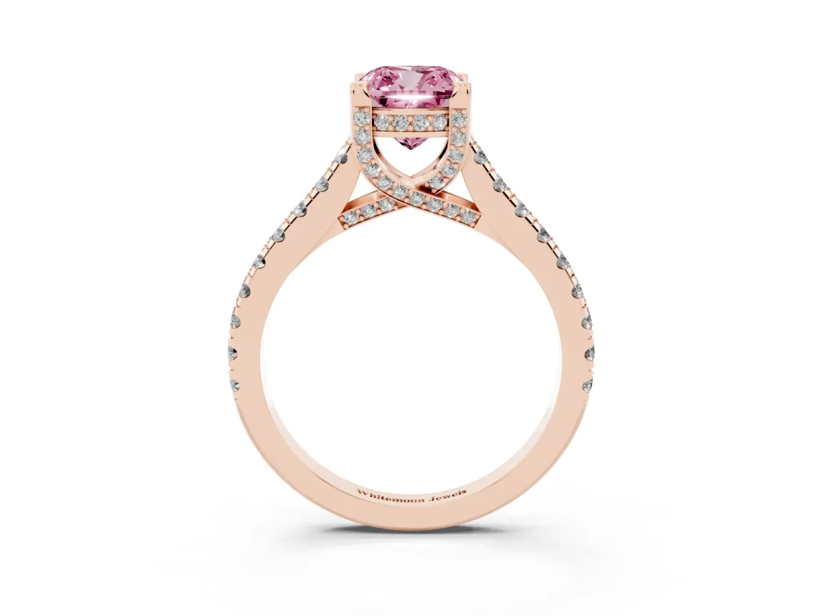 Fancy Pink Cushion Cut Brilliant Diamond Solitaire with Pavé Band and Four-Prong Setting Rose gold