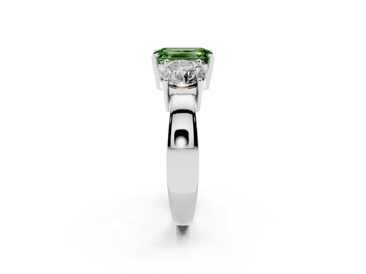 Fancy Green Three-Stone Emerald Cut Diamond Ring with Round Side Stones, Classic Band, and Four-Prong Setting Silver