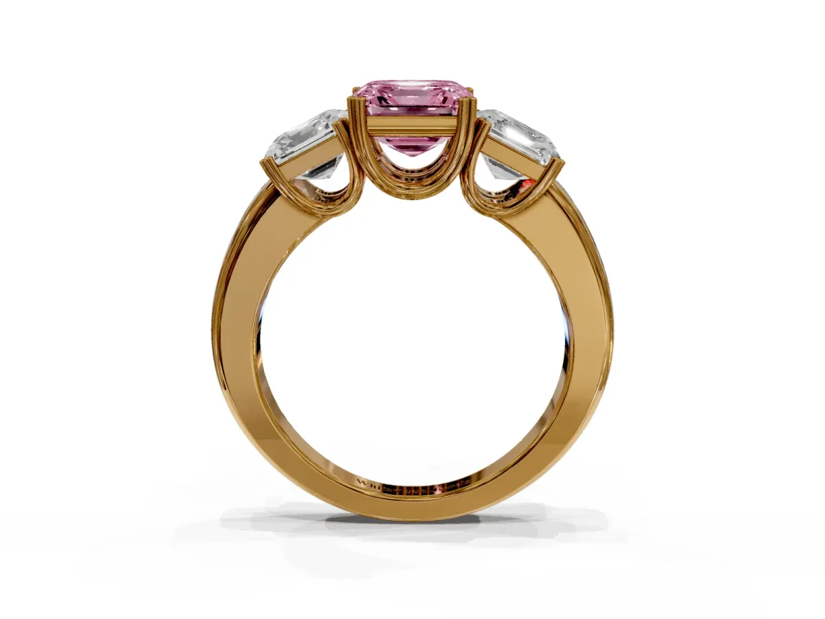 Fancy Pink Three-Stone Asscher Cut Cut Diamond Ring with Channel Set Band and Four-Prong Setting Yellow gold