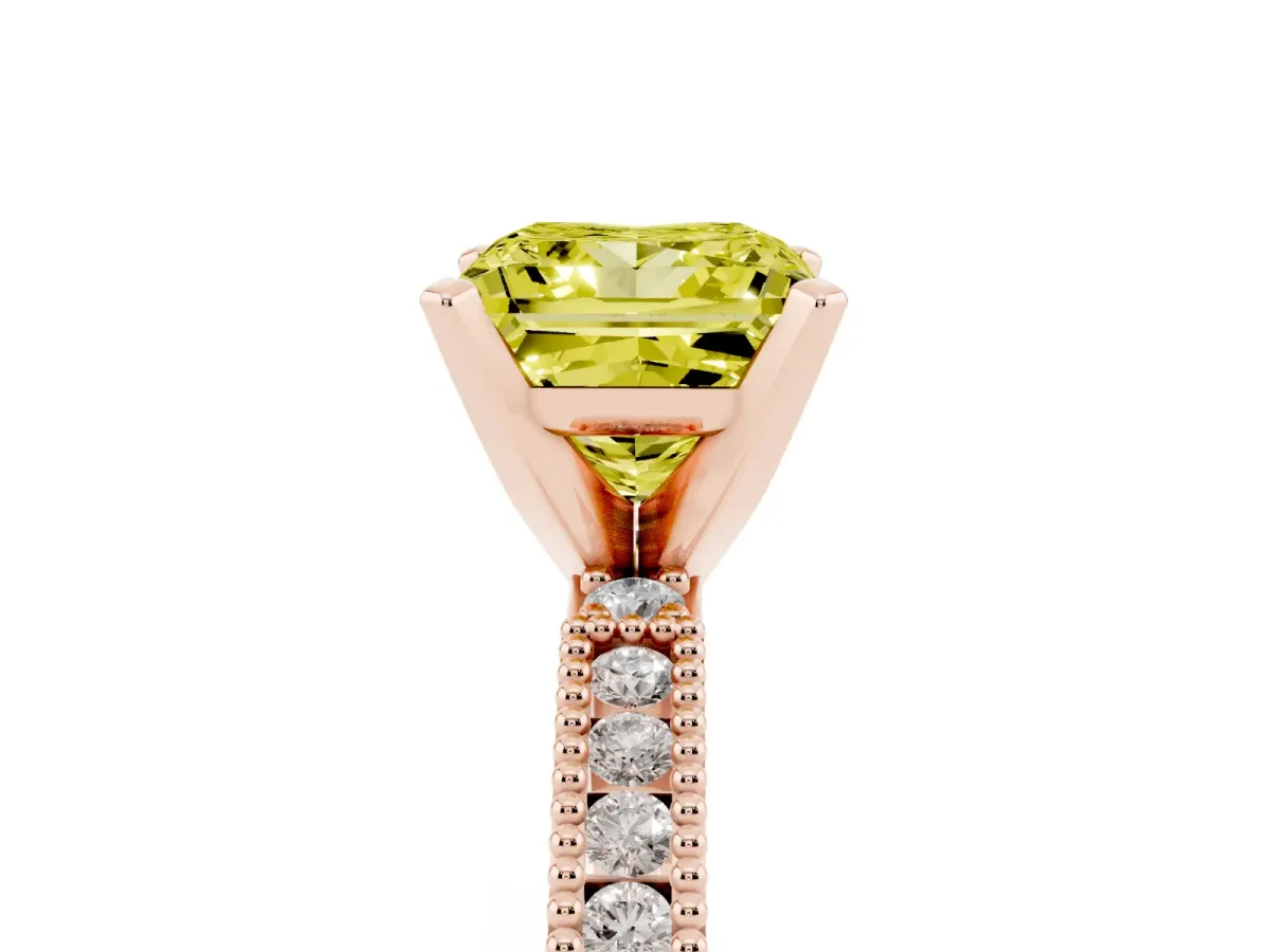 Fancy Yellow Princess Cut Solitaire with Pavé Band and Four-Prong Setting Rose gold