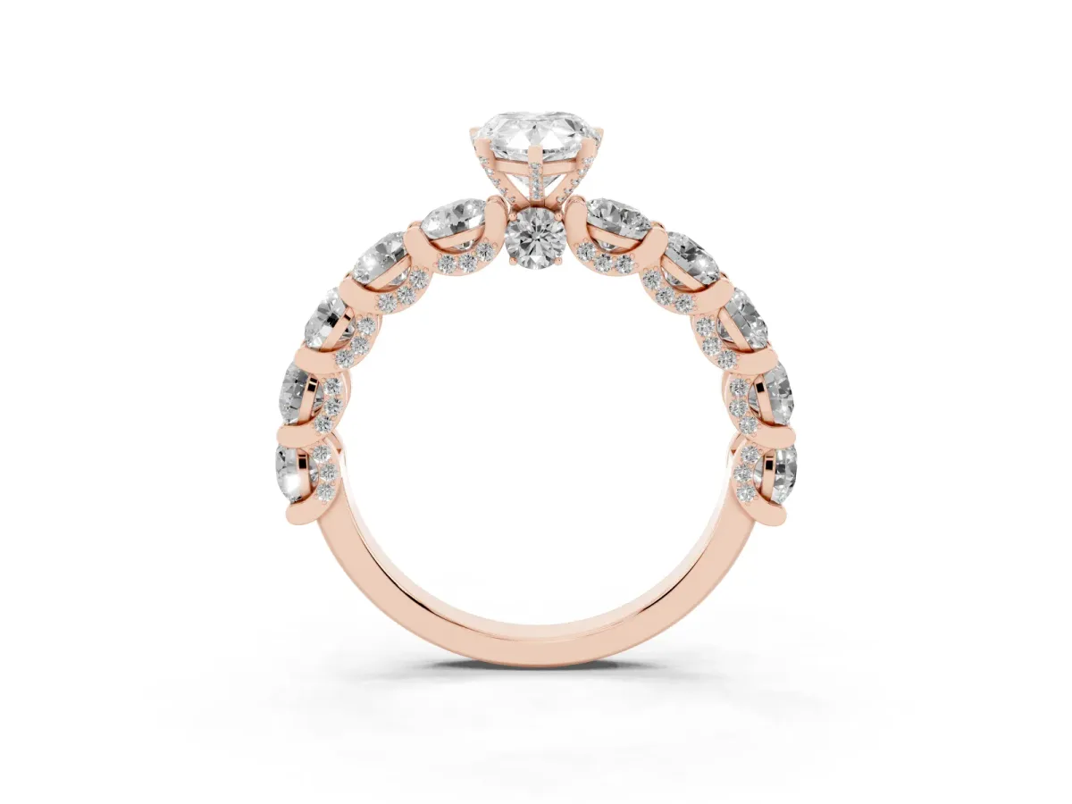 Pear Cut Diamond Side Stone Engagement Ring with Four-Prong Setting Rose gold