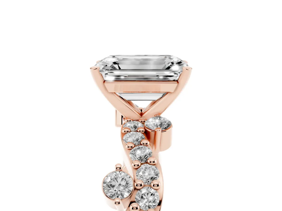 Emerald Cut Cut Solitaire Diamond Twisted Band with Pave Setting Rose gold