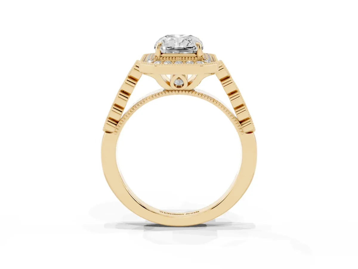 Radiant Cut Halo Milgrain Solitaire with Bezel Set Side Stones and Pave Band Yellow gold