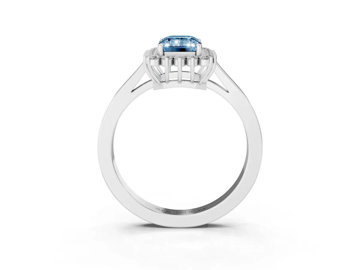 Fancy Blue Emerald Cut Cut Diamond Halo Ring with Round Brilliant Halo and Solitaire Band Silver