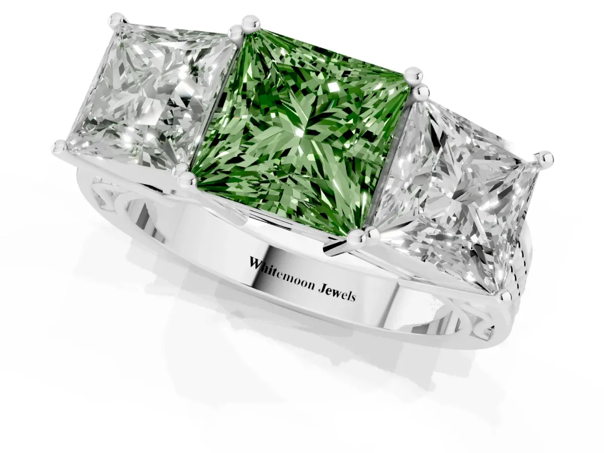 Fancy Green Princess Cut Diamond Three-Stone Ring with Prong Setting and Textured Band Silver