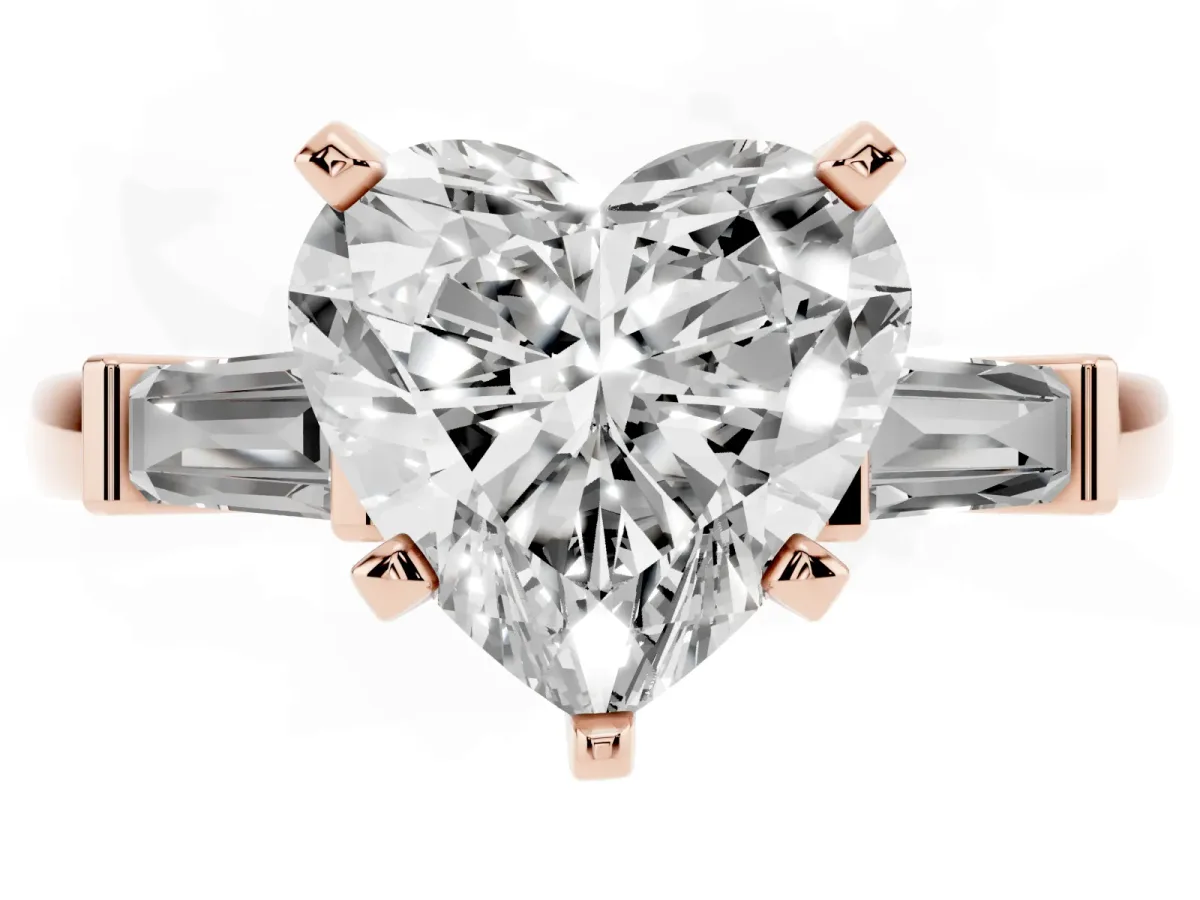 Heart Cut Cut Diamond Solitaire Ring with Tapered Baguette Accents and Four-Prong Setting Rose gold