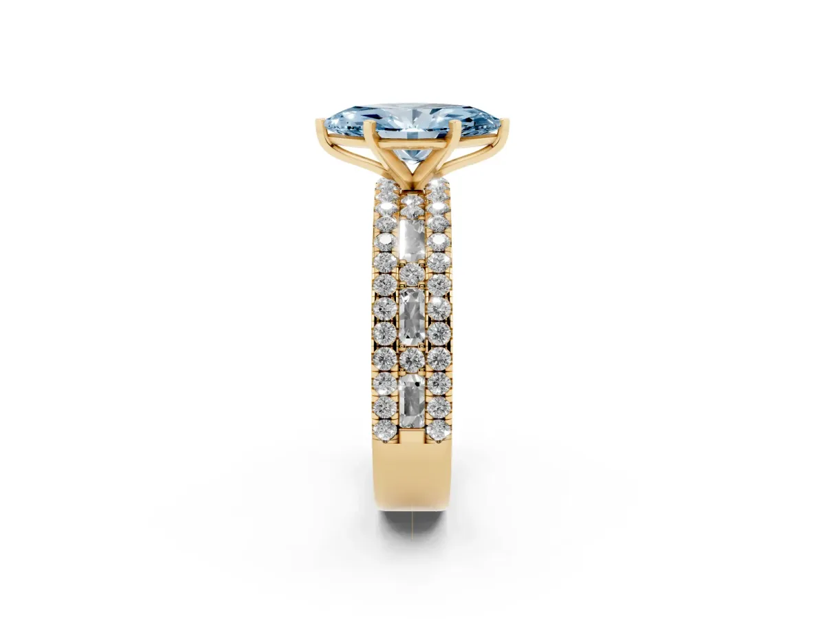Fancy Blue Marquise Cut Diamond Solitaire Ring with Pavé and Channel Set Band Yellow gold
