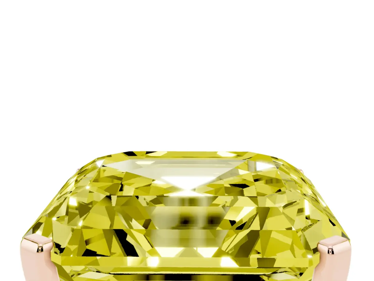 Fancy Yellow Asscher Cut Cut Three-Stone Solitaire Ring with Round Accent Diamonds and Four-Prong Setting Rose gold