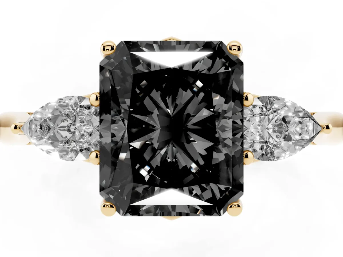 Fancy Black Three-Stone Radiant Cut Brilliant Diamond Solitaire Ring with Tapered Band and Four-Prong Setting Yellow gold