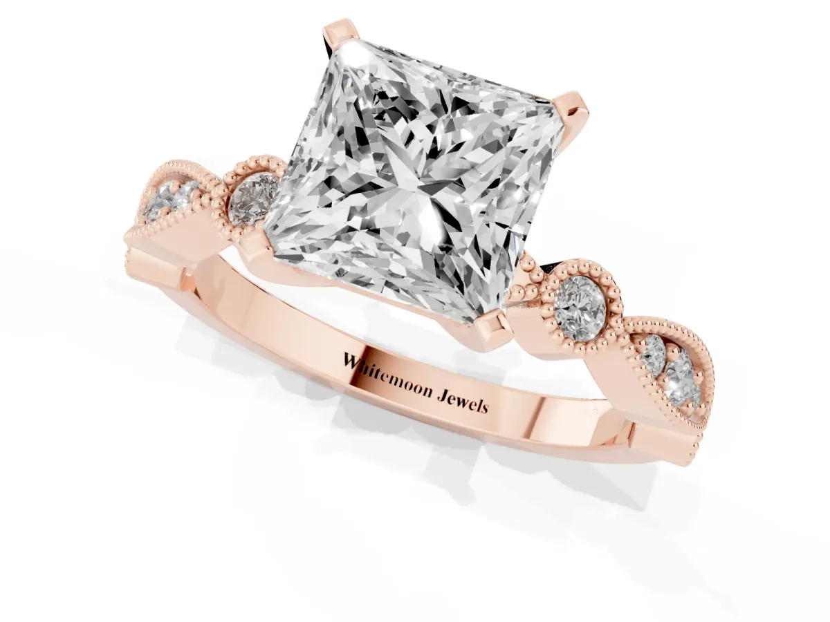 Princess Cut Milgrain Bezel Diamond Engagement Ring with Solitaire Prong Setting Rose gold
