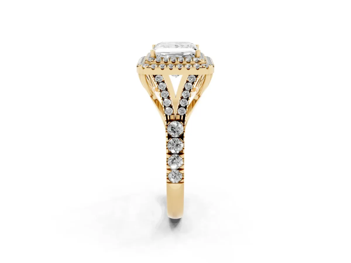 Double Halo Princess Cut Diamond Split Shank Engagement Ring with Four-Prong Setting Yellow gold