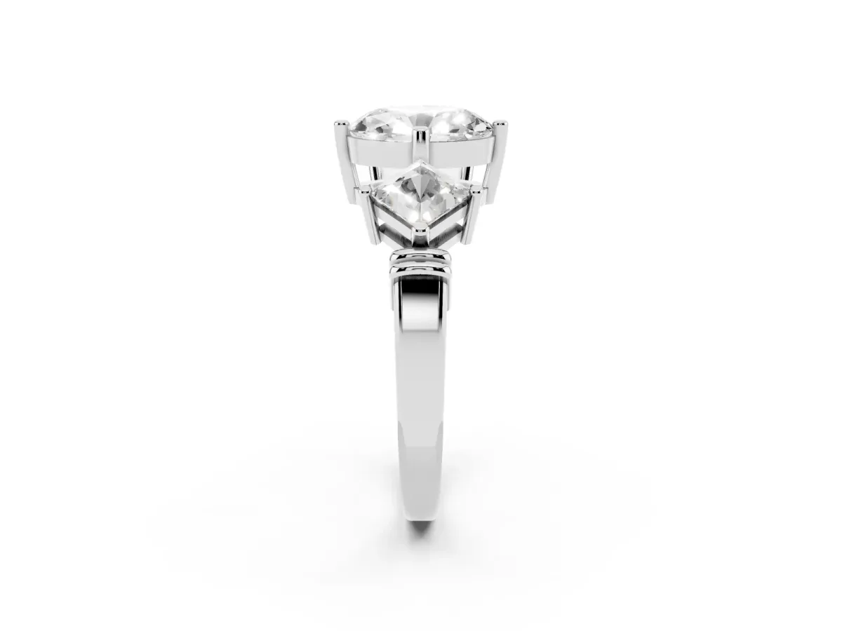Three-Stone Oval Cut and Princess Cut Diamond Ring with Channel Band and Four-Prong Setting Platinum