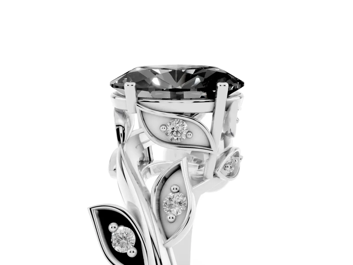 Fancy Black Oval Cut Solitaire Twist Engagement Ring with Leaf Accents and Prong Setting Silver