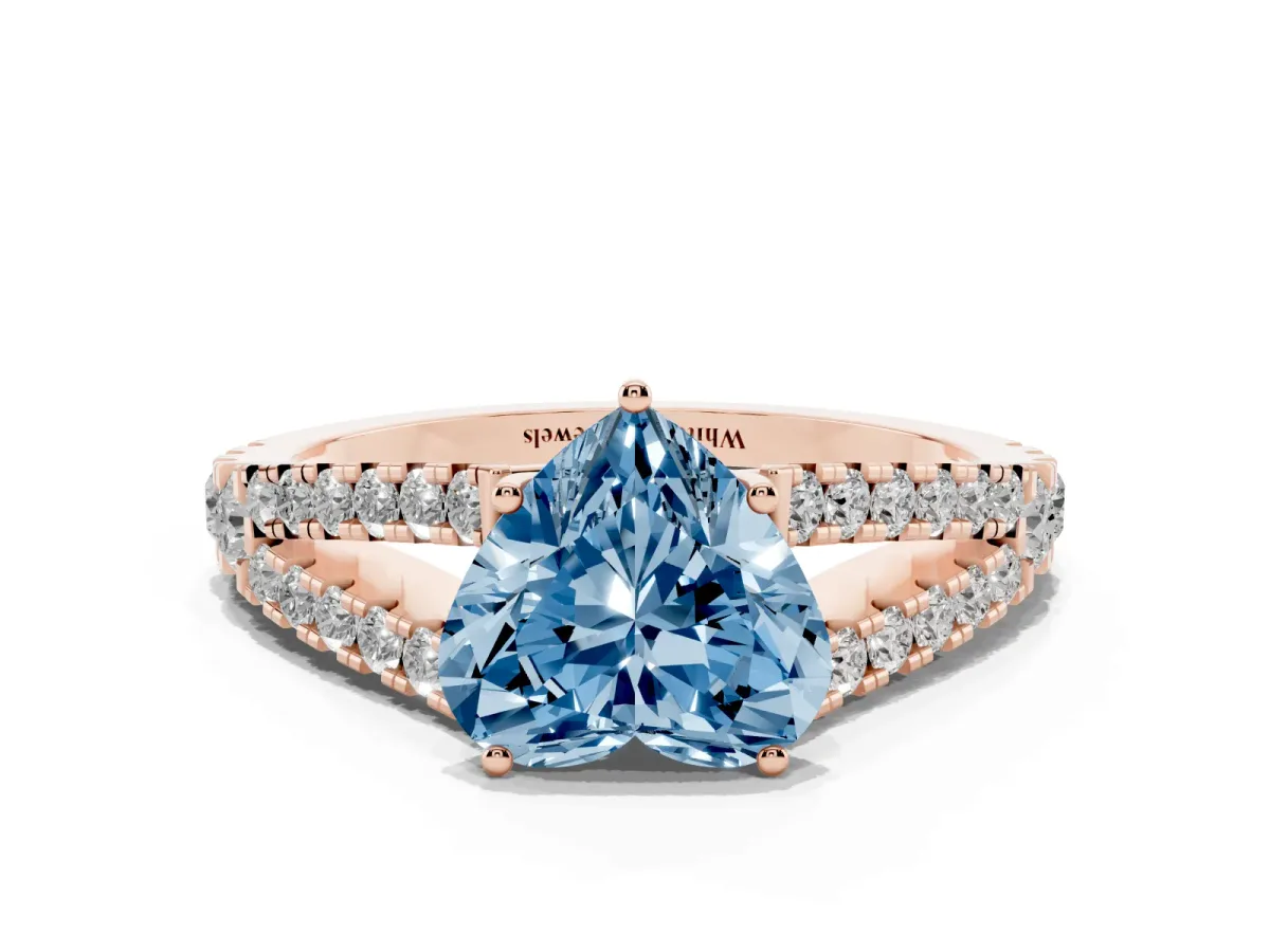 Fancy Blue Heart Cut Diamond Split Shank Engagement Ring with Round Pavé and Prong Setting Rose gold