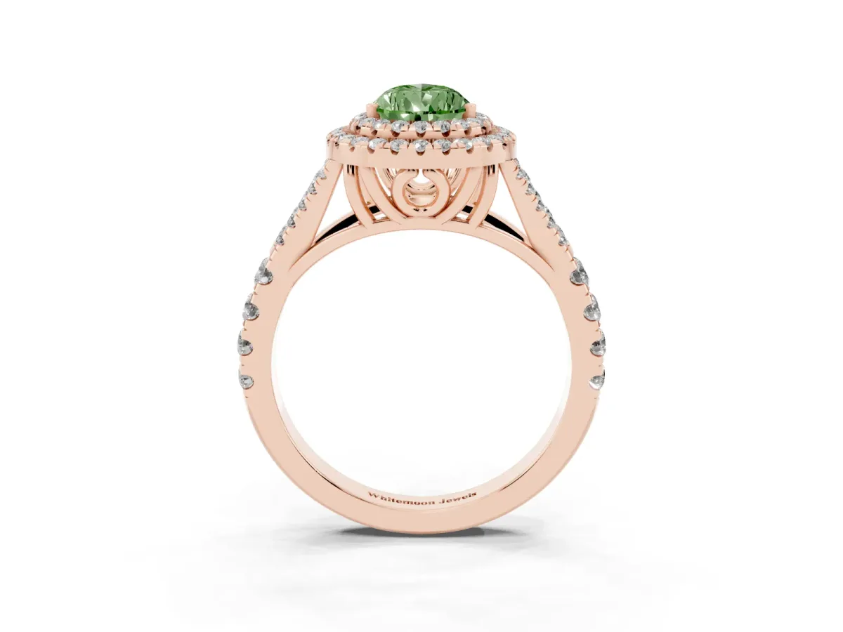 Fancy Green Pear Cut Diamond Double Halo Ring with Split Shank and Prong Setting Rose gold