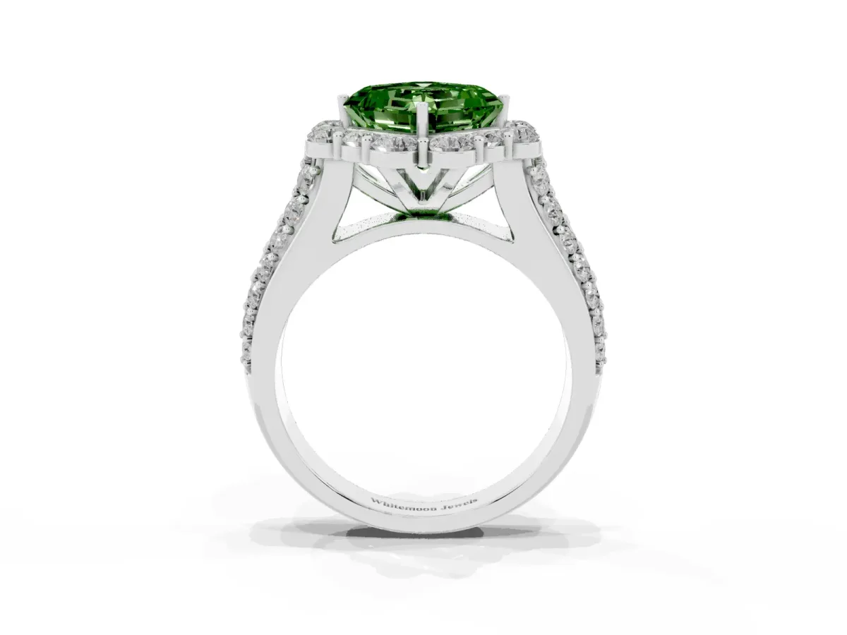 Fancy Green Asscher Cut Halo Diamond Engagement Ring with Split Shank and Prong Setting Silver