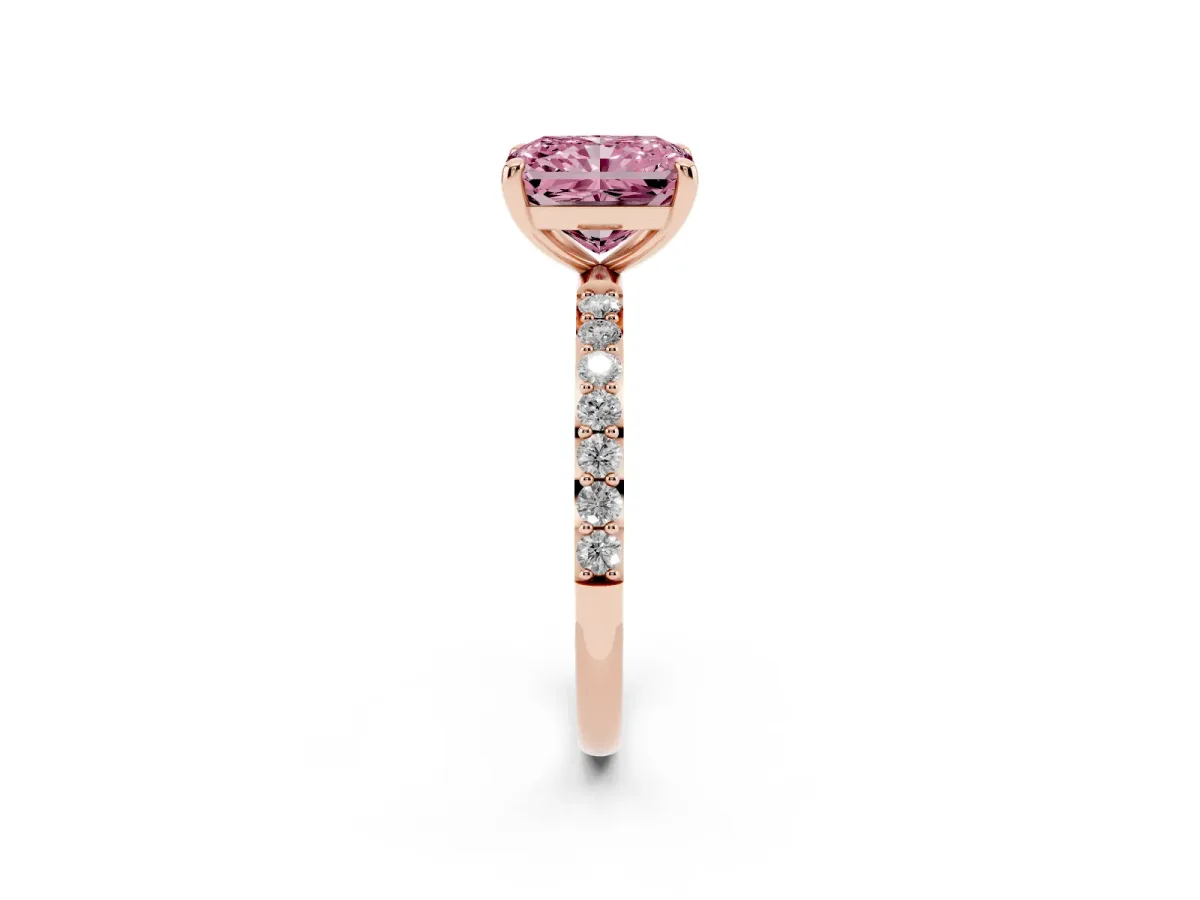 Fancy Pink Radiant Cut Diamond Solitaire Ring with Round Pavé Band and Prong Setting Rose gold