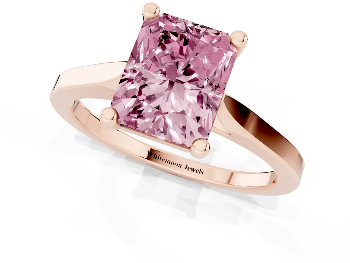Fancy Pink Radiant Cut Solitaire Diamond Ring with Four-Prong Setting and Tapered Band Rose gold