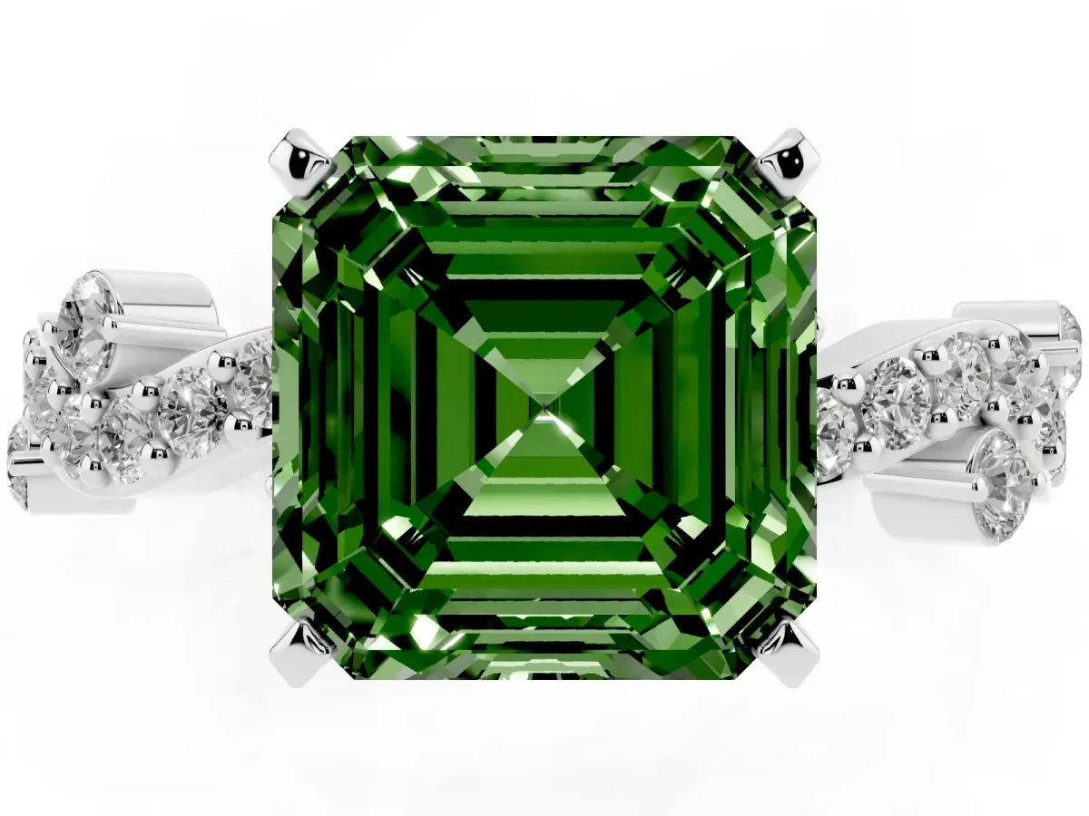 Fancy Green Asscher Cut Cut Solitaire Diamond Twisted Band with Pave Setting Silver