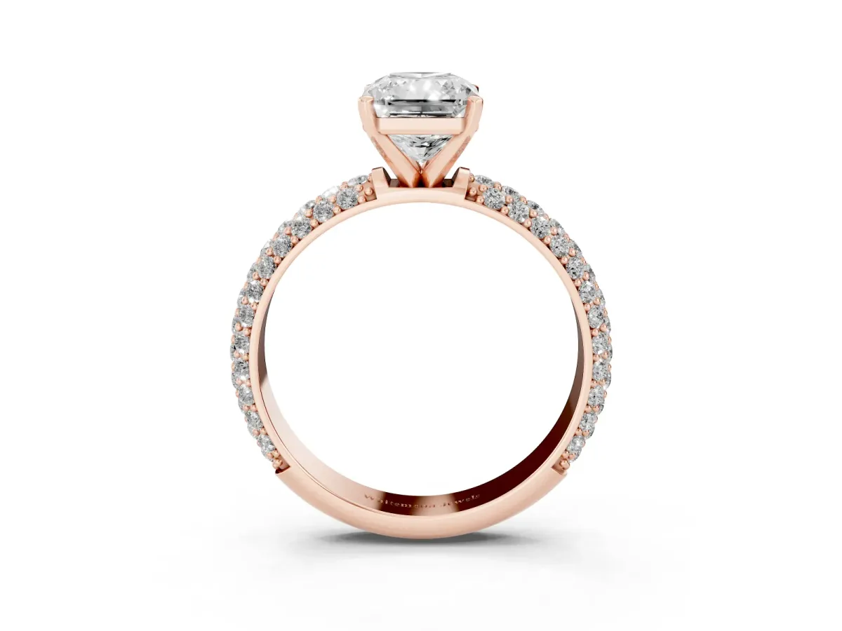 Radiant Cut Diamond Solitaire Ring with Prong Setting and Pavé Band Rose gold