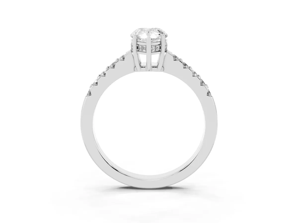 Pear Cut Solitaire Diamond Engagement Ring with Pavé Band and Six-Prong Setting Platinum