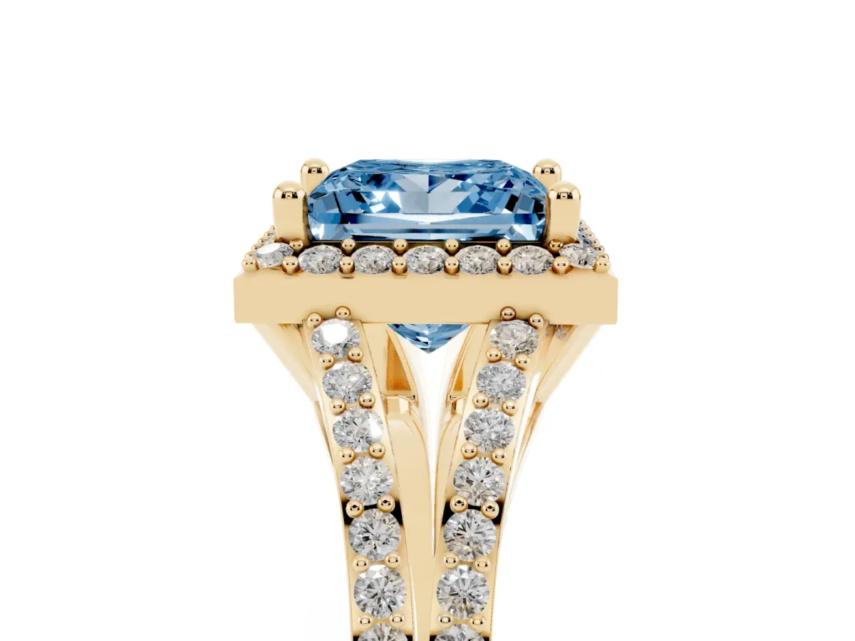 Fancy Blue Princess Cut Halo Split Shank Pave Diamond Ring with Four-Prong Setting Yellow gold