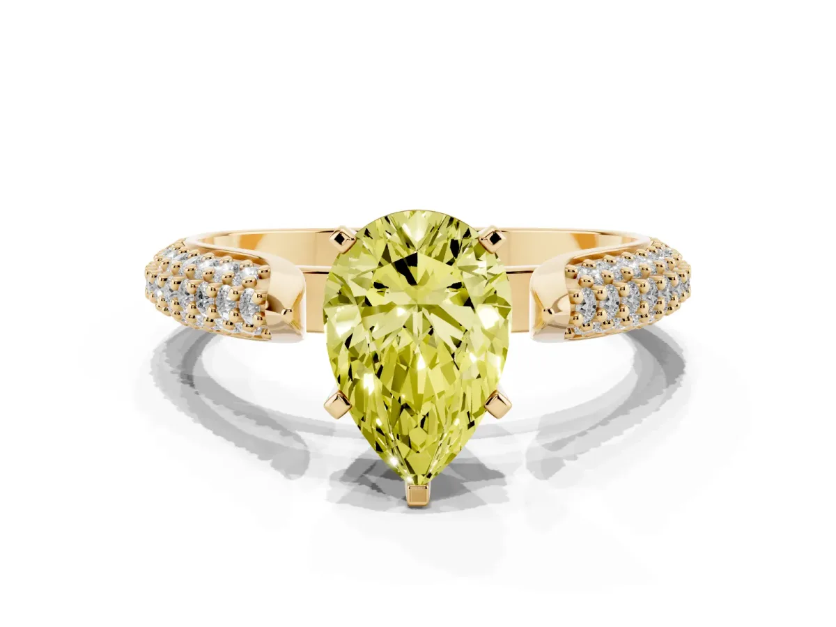 Fancy Yellow Pear Cut Diamond Solitaire Engagement Ring with Multi-Row Round Pavé Band and Prong Setting Yellow gold