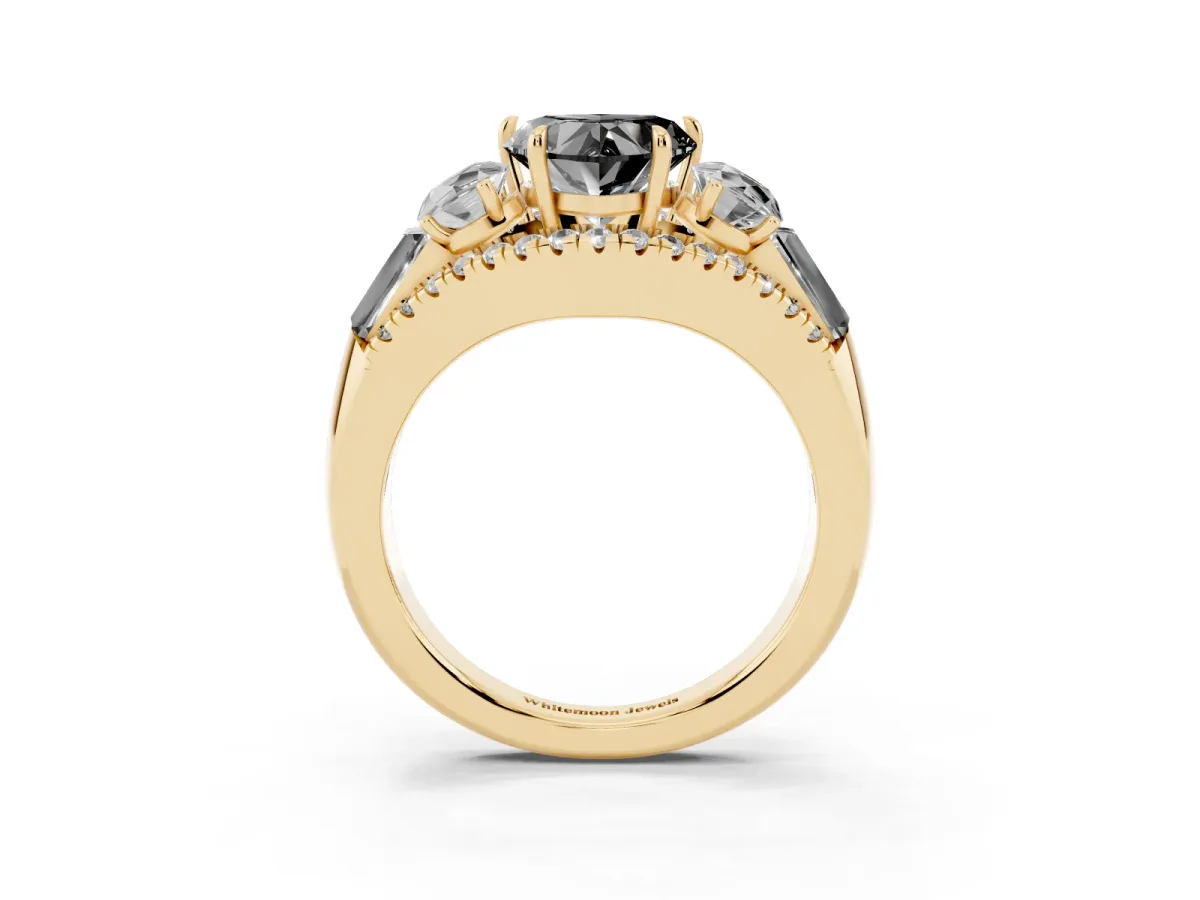 Fancy Black Three-Stone Heart Cut Diamond Engagement Ring with Pave Band and Prong Setting Yellow gold