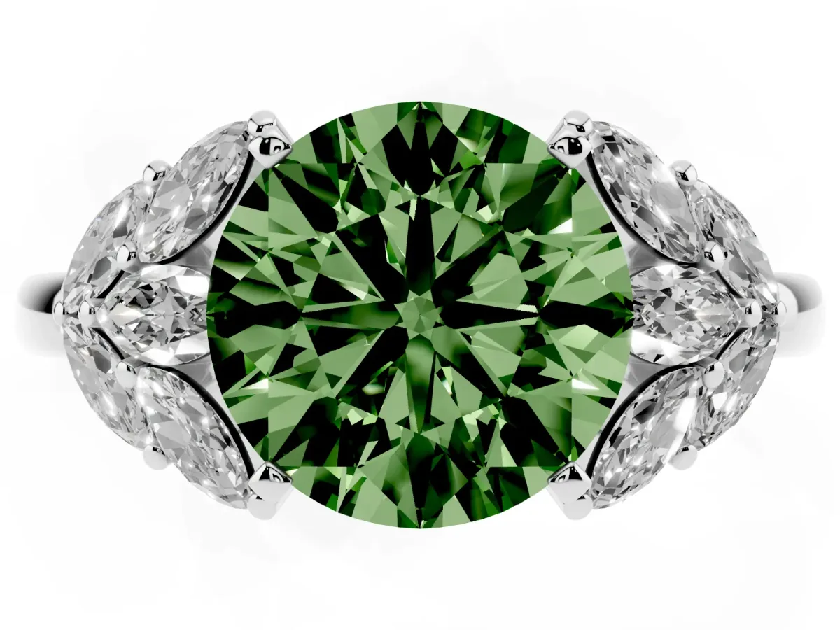 Fancy Green Round Cut Diamond Cluster Leaf Design Ring with Prong Setting Platinum