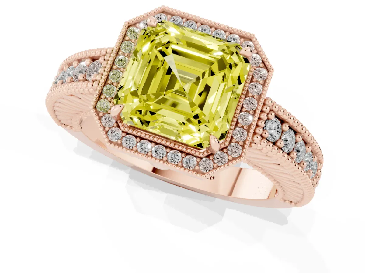Fancy Yellow Asscher Cut Cut Halo Diamond Ring with Pavé Band and Four-Prong Setting Rose gold