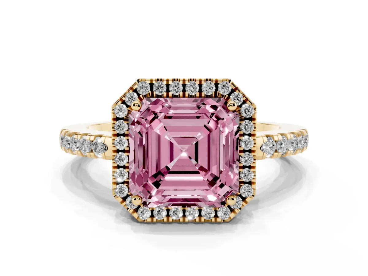 Fancy Pink Asscher Cut Halo Diamond Engagement Ring with Pavé Band and Four-Prong Setting Yellow gold