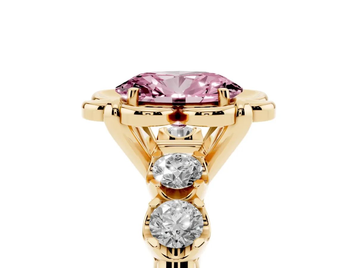 Fancy Pink Oval Cut Cut Diamond Floral Halo Engagement Ring with Shared Prong Setting Yellow gold