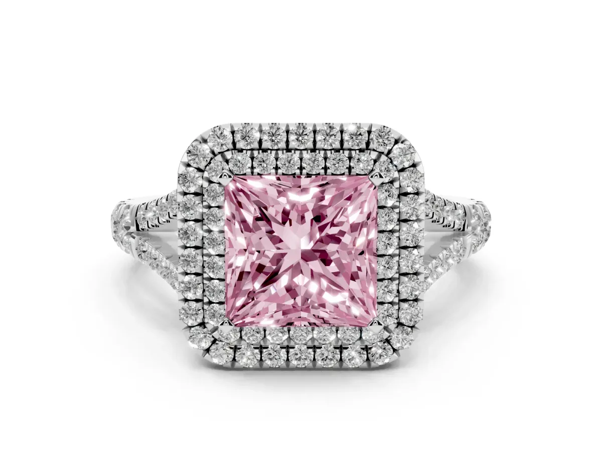 Fancy Pink Double Halo Princess Cut Diamond Split Shank Engagement Ring with Four-Prong Setting Silver