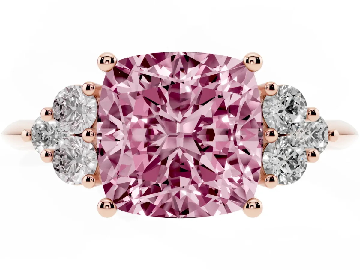 Fancy Pink Cushion Cut Cut Diamond Cluster Ring with Solitaire Band and Four-Prong Setting Rose gold