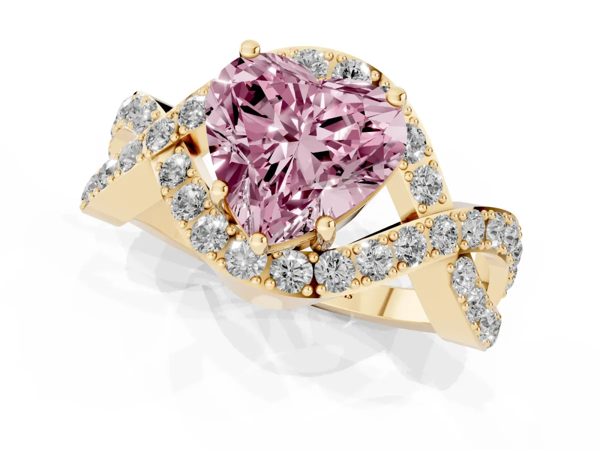 Fancy Pink Heart Cut Solitaire Twist Band Pavé Diamond Engagement Ring Yellow gold