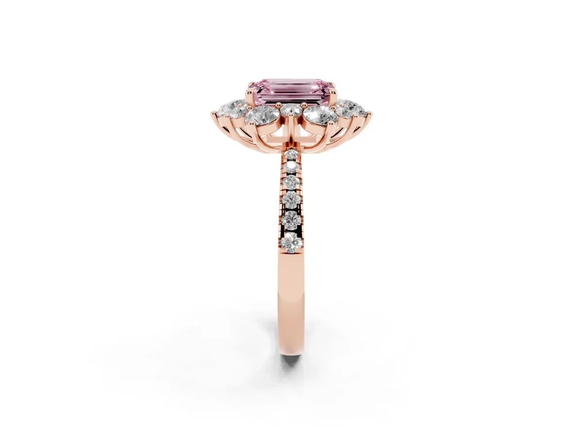 Fancy Pink Emerald Cut Diamond Floral Halo Ring with Round Pavé Band and Prong Setting Rose gold
