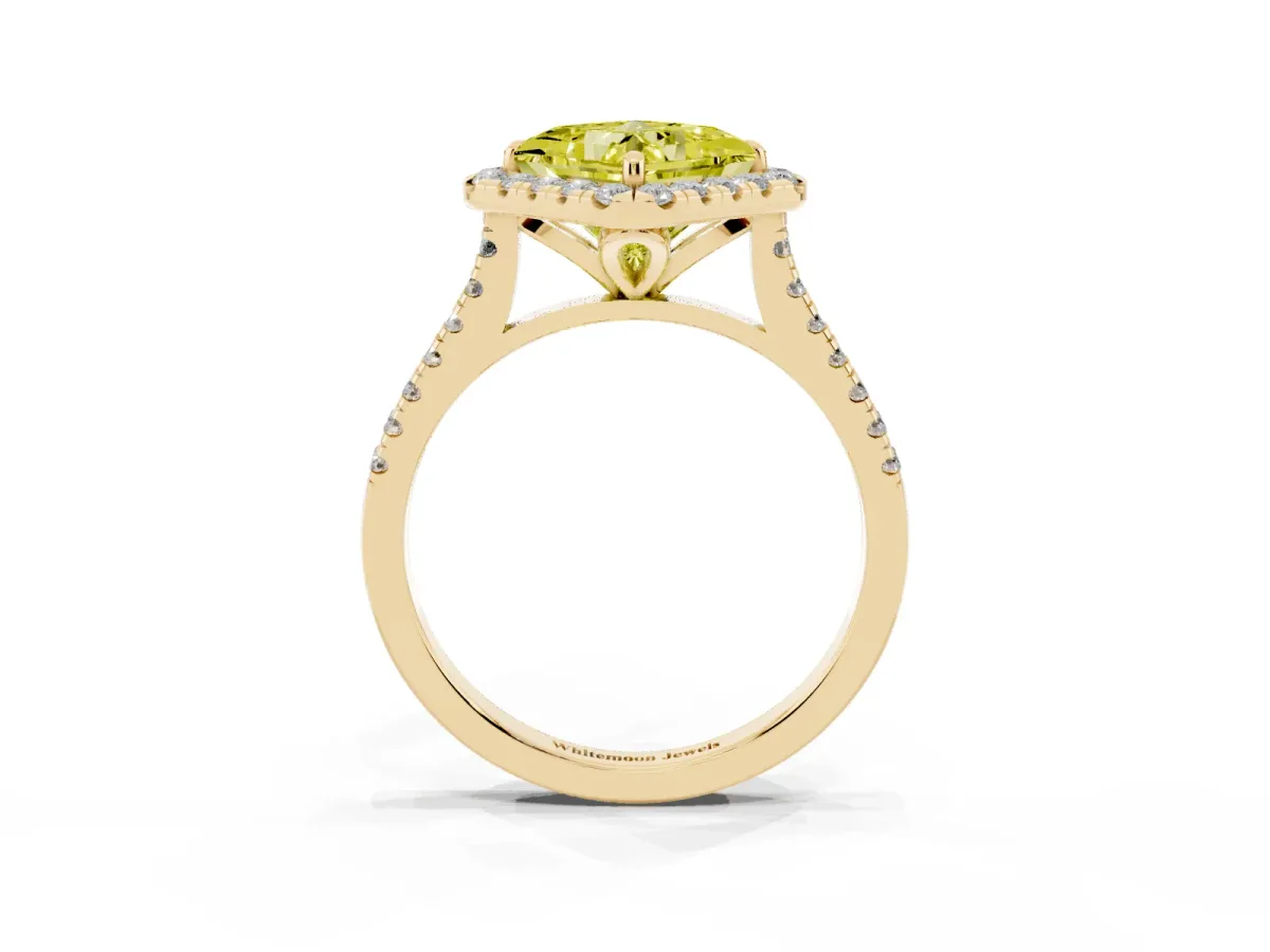 Fancy Yellow Princess Cut Diamond Cushion Halo Ring with Pavé Band Yellow gold