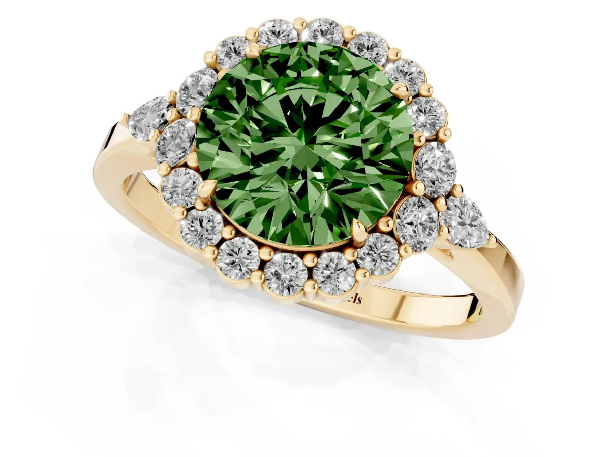 Fancy Green Round Cut Diamond Halo Ring with Pear Side Stones and Prong Setting Yellow gold