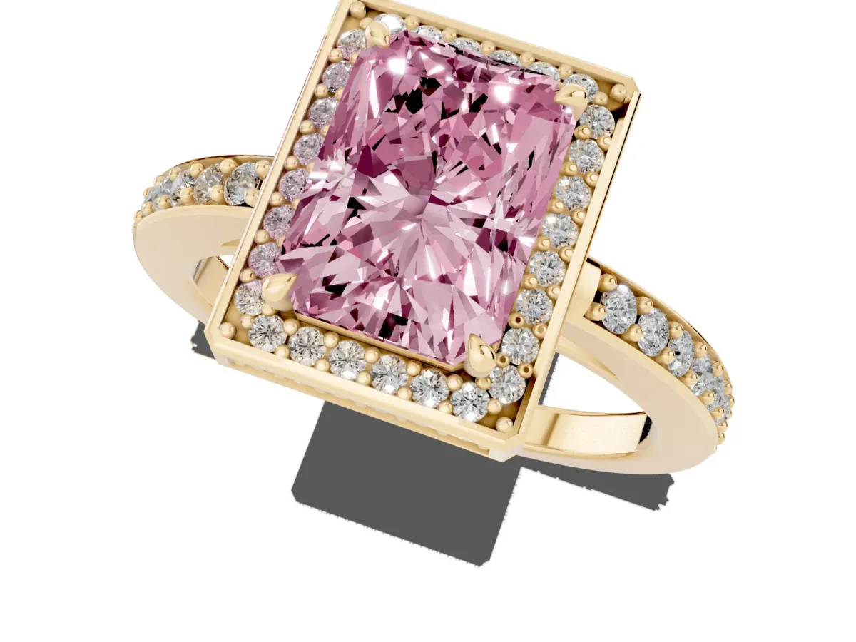Fancy Pink Radiant Cut Halo Pave Band Solitaire Ring with Prong Setting Yellow gold