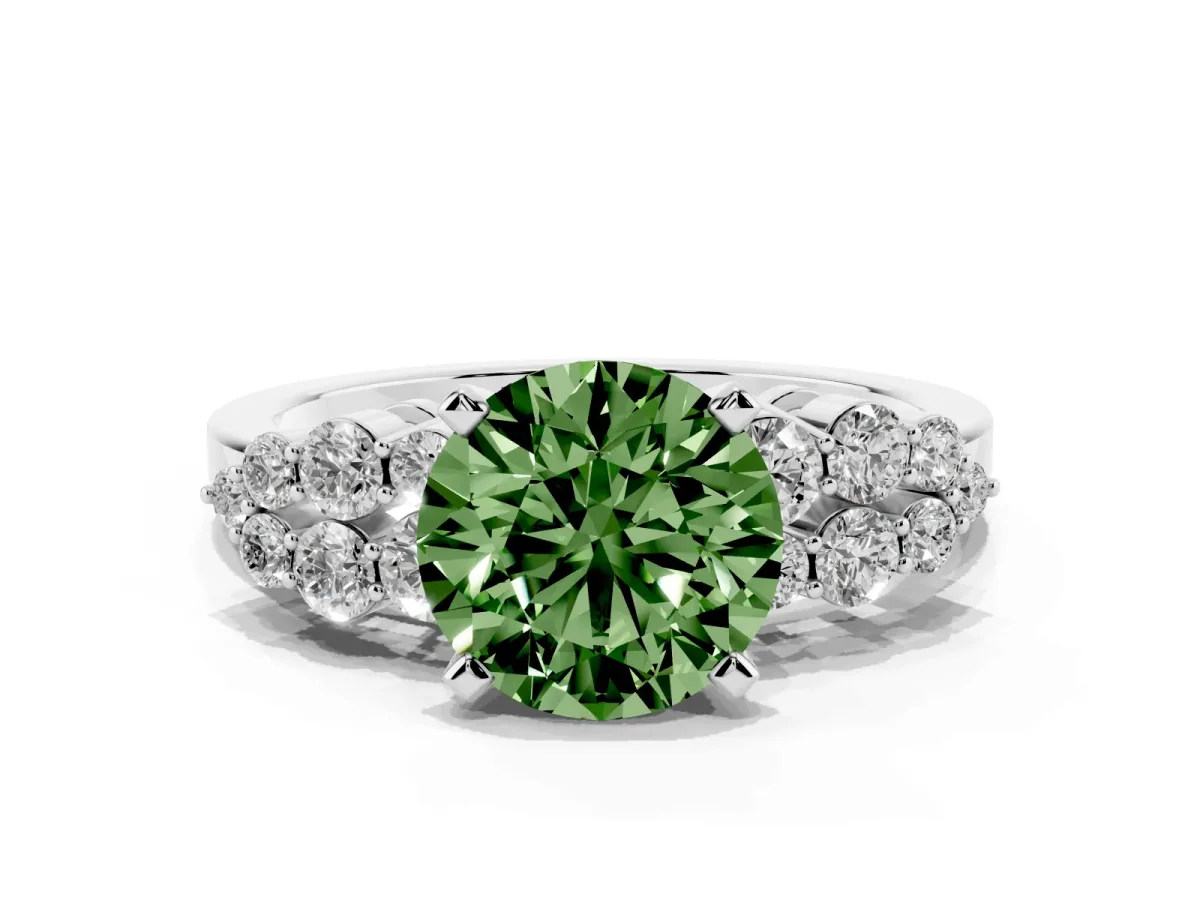 Fancy Green Round Cut Cluster Diamond Engagement Ring with Pavé Band and Four-Prong Setting Silver